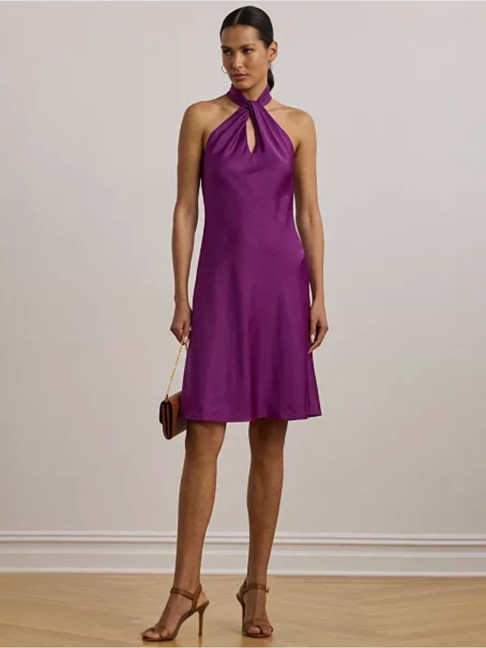 NWT Lauren Ralph Lauren Purple Charmeuse Halter Cocktail Mini Dress Size 14